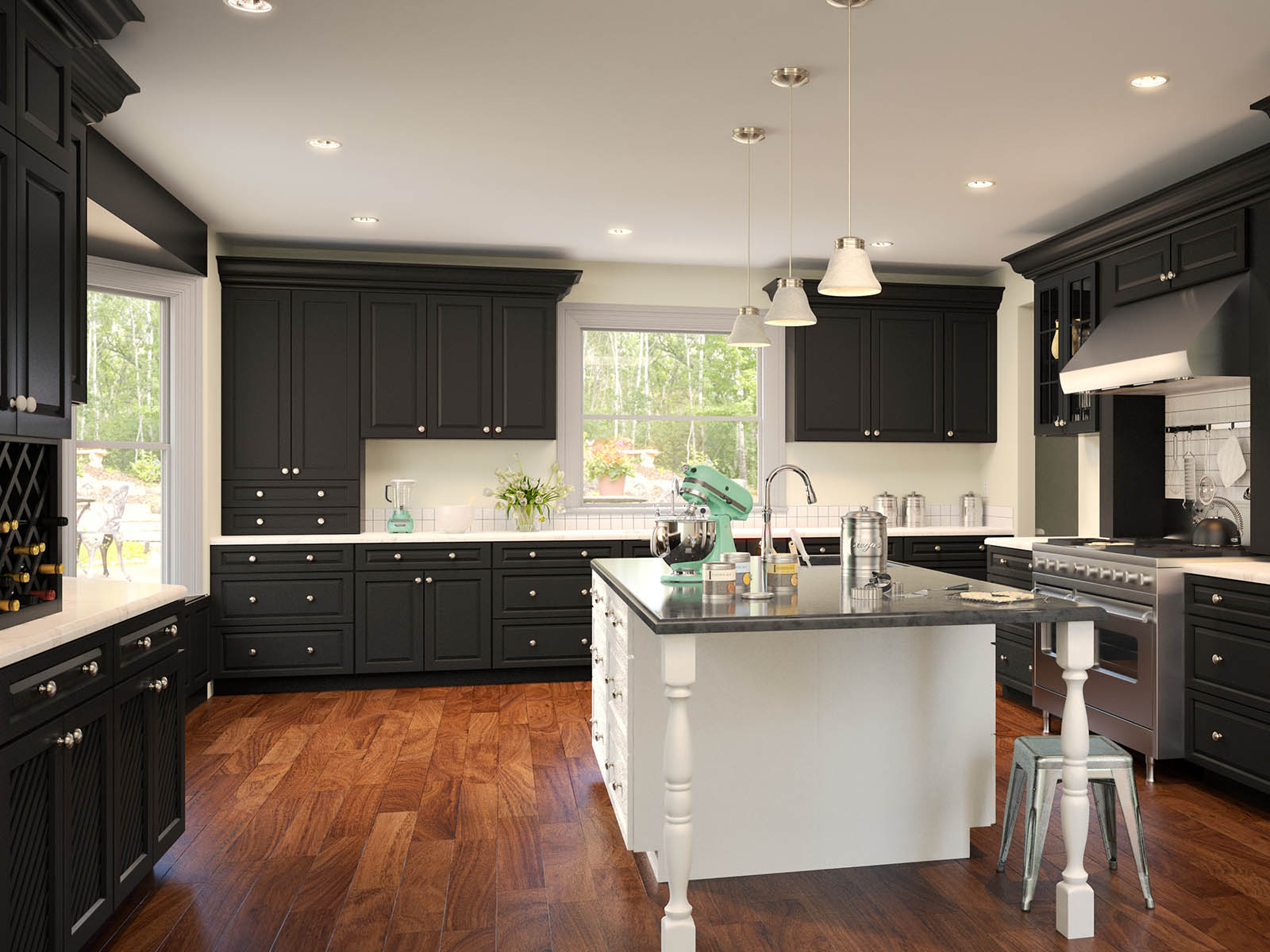 Fully light black colored kitchen with white accent and fancy countertops